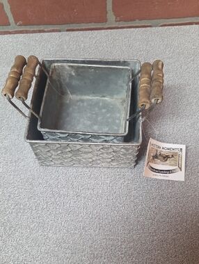 Galvanized Metal Nested Baskets with Wood Handles 2pcs
